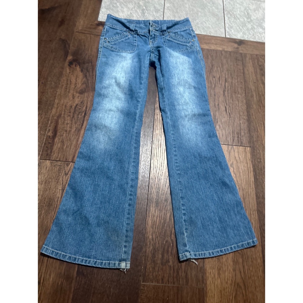 Y2K Low Rise Flare Jeans Medium Wash Patch Pocket Size 5/6 RN 99678